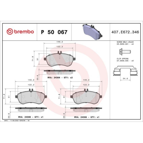 Bremsbelagsatz Scheibenbremse Brembo P50067 Prime Line f&uuml;r Mercedes Benz