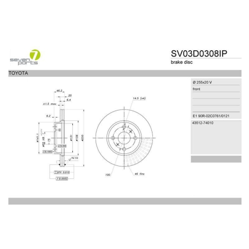 Bremsscheibe 7 Seven Parts SV03D0308IP f&uuml;r Toyota Vorderachse