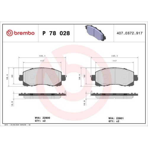 Bremsbelagsatz Scheibenbremse Brembo P78028 Prime Line f&uuml;r Subaru Vorderachse