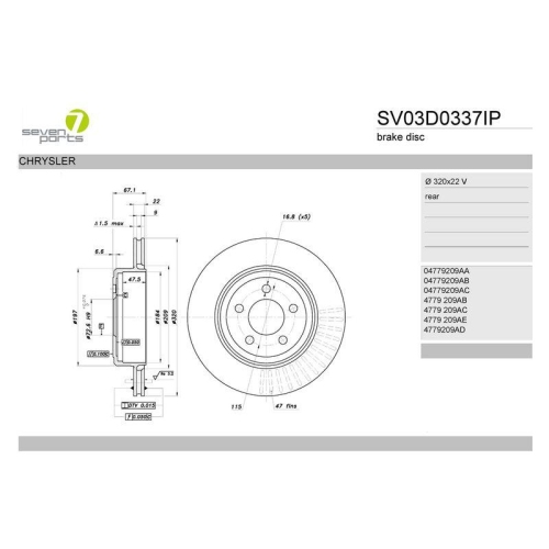 Bremsscheibe 7 Seven Parts SV03D0337IP f&uuml;r Chrysler Hinterachse