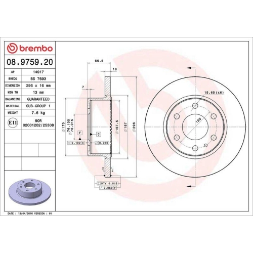 Bremsscheibe Brembo 08.9759.20 Prime Line f&uuml;r Iveco Hinterachse