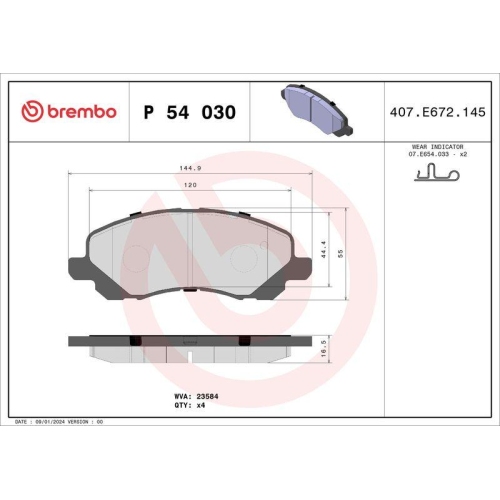 Bremsbelagsatz Scheibenbremse Brembo P54030 Prime Line f&uuml;r Chrysler Citro&euml;n Jeep