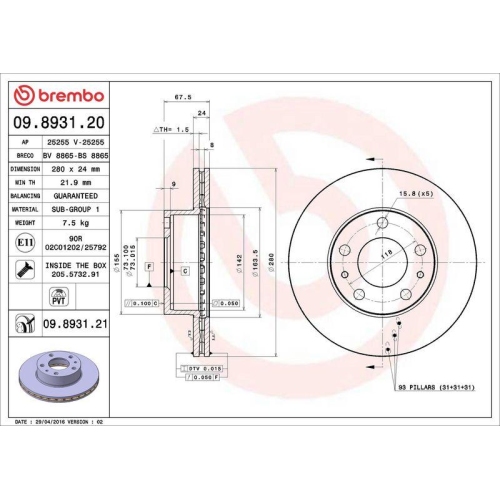 Bremsscheibe Brembo 09.8931.21 Prime Line - Uv Coated für Citroën Fiat Opel