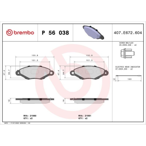 Bremsbelagsatz Scheibenbremse Brembo P56038 Prime Line für Nissan Renault