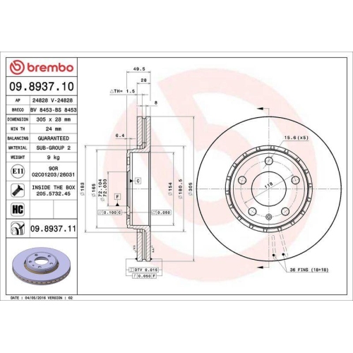 Brake Disc Brembo 09.8937.11 Prime Line - Uv Coated for Nissan Opel Renault