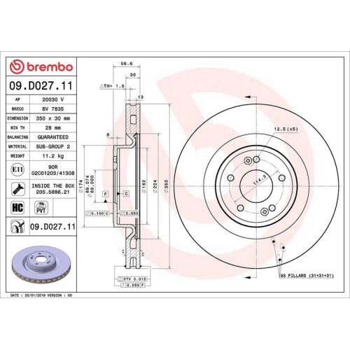 Bremsscheibe Brembo 09.D027.11 Prime Line - Uv Coated f&uuml;r Kia Genesis