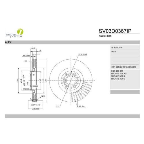 Bremsscheibe 7 Seven Parts SV03D0367IP f&uuml;r Audi Seat Vorderachse