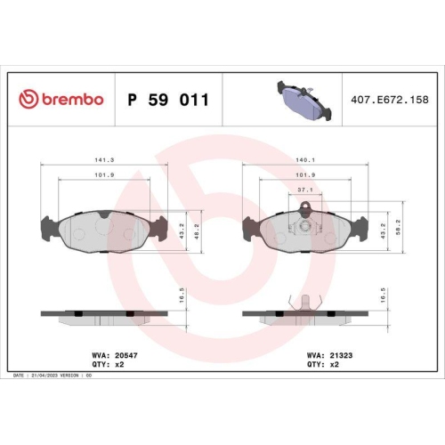 Bremsbelagsatz Scheibenbremse Brembo P59011 Prime Line f&uuml;r Jaguar Opel Vauxhall