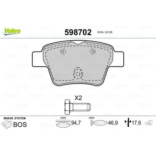 Bremsbelagsatz Scheibenbremse Valeo 598702 für Citroën Peugeot Citroën (df Psa)