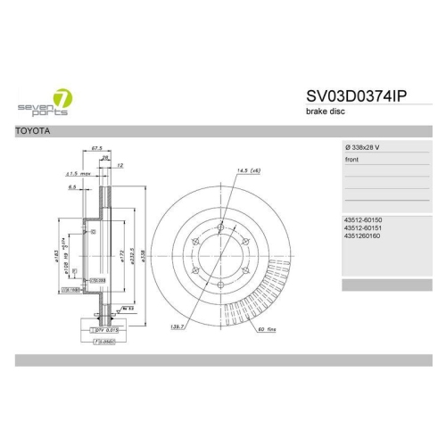 Bremsscheibe 7 Seven Parts SV03D0374IP f&uuml;r Lexus Toyota Vorderachse
