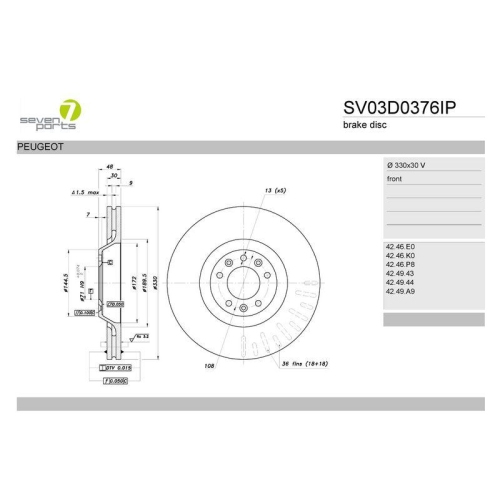 Bremsscheibe 7 Seven Parts SV03D0376IP f&uuml;r Citro&euml;n Peugeot Vorderachse