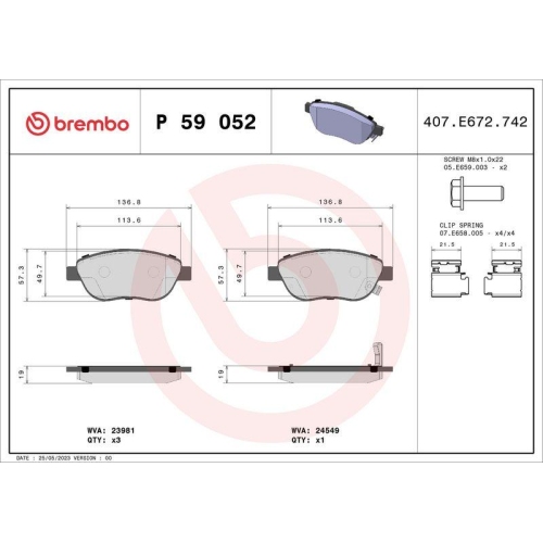 Bremsbelagsatz Scheibenbremse Brembo P59052 Prime Line f&uuml;r Fiat Opel Vorderachse