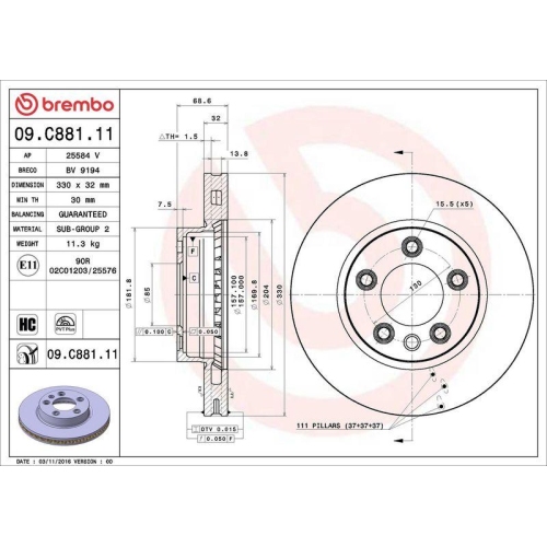 Bremsscheibe Brembo 09.C881.11 Prime Line - Uv Coated f&uuml;r Porsche VW Vorderachse