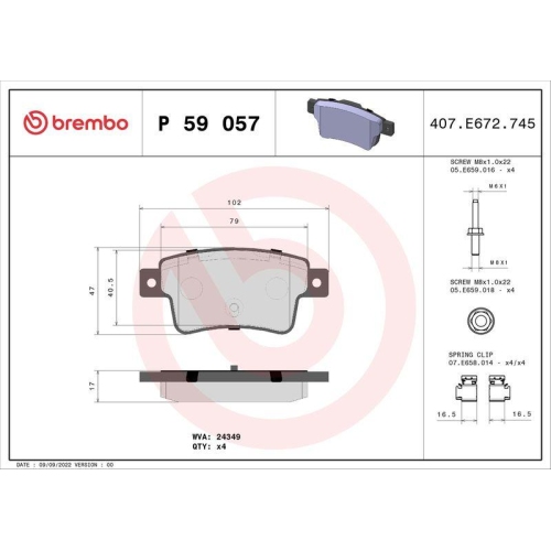 Brake Pad Set Disc Brake Brembo P59057 Prime Line for Fiat Opel Rear Axle