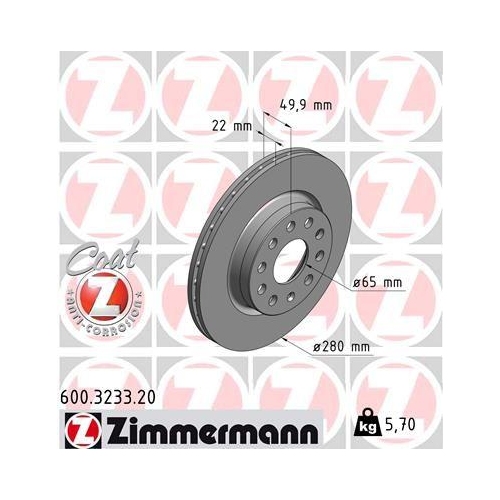 Disque De Frein Zimmermann 600.3233.20 Coat Z pour Vag Vw (faw) Skoda (svw)