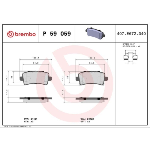 Bremsbelagsatz Scheibenbremse Brembo P59059 Prime Line f&uuml;r Opel Saab Vauxhall