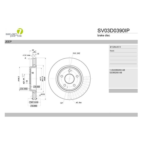 Bremsscheibe 7 Seven Parts SV03D0390IP f&uuml;r Jeep Vorderachse