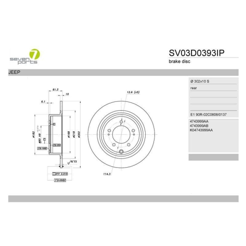 Bremsscheibe 7 Seven Parts SV03D0393IP f&uuml;r Chrysler Dodge Jeep Lancia