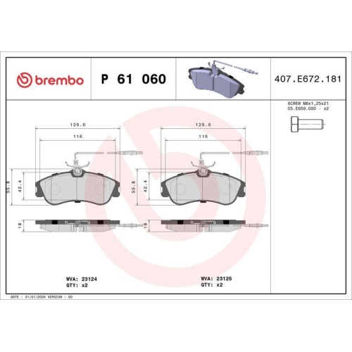 Bremsbelagsatz Scheibenbremse Brembo P61060 Prime Line f&uuml;r Citro&euml;n Peugeot