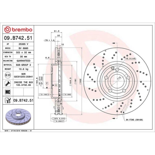 Bremsscheibe Brembo 09.B742.51 Prime Line - Uv Coated f&uuml;r Mercedes Benz
