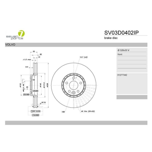Bremsscheibe 7 Seven Parts SV03D0402IP f&uuml;r Volvo Vorderachse