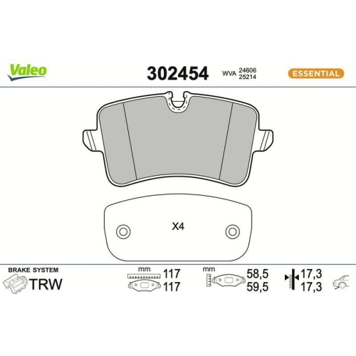 Bremsbelagsatz Scheibenbremse Valeo 302454 Essential f&uuml;r Audi Hinterachse