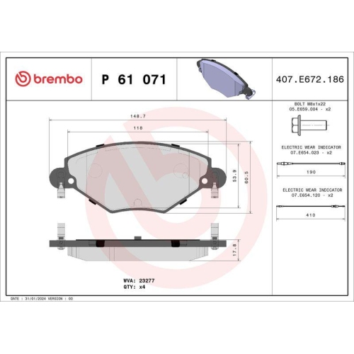 Bremsbelagsatz Scheibenbremse Brembo P61071 Prime Line f&uuml;r Citro&euml;n Vorderachse
