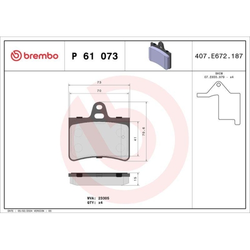 Brake Pad Set Disc Brake Brembo P61073 Prime Line for Citro&euml;n Rear Axle