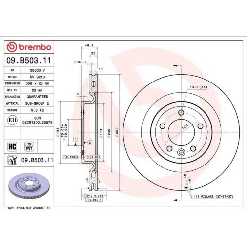 Bremsscheibe Brembo 09.B503.11 Prime Line - Uv Coated f&uuml;r Land Rover Hinterachse
