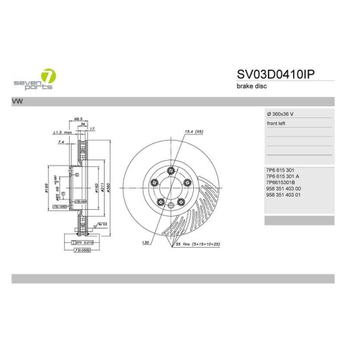 Bremsscheibe 7 Seven Parts SV03D0410IP f&uuml;r Porsche VW Vorderachse Links