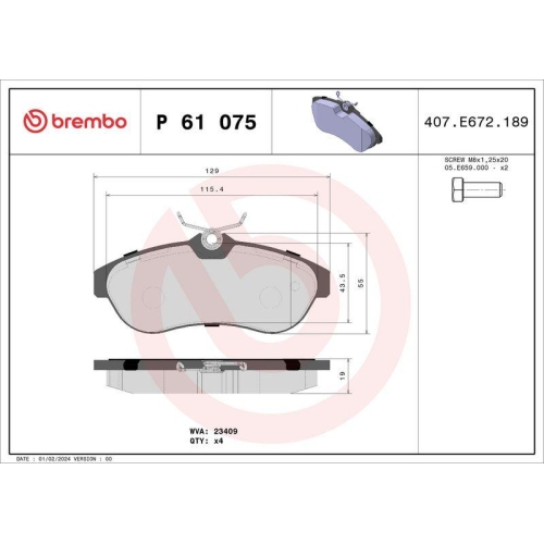Bremsbelagsatz Scheibenbremse Brembo P61075 Prime Line f&uuml;r Citro&euml;n Vorderachse