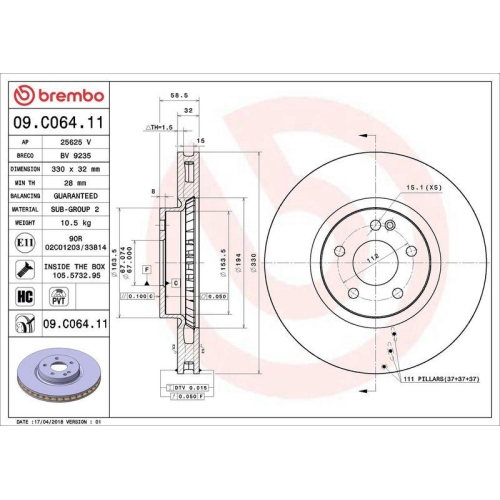 Bremsscheibe Brembo 09.C064.11 Prime Line - Uv Coated f&uuml;r Mercedes Benz
