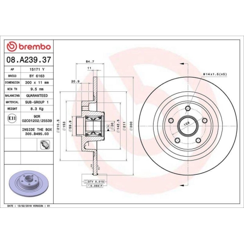 Bremsscheibe Brembo 08.A239.37 Prime Line - With Bearing Kit f&uuml;r Renault