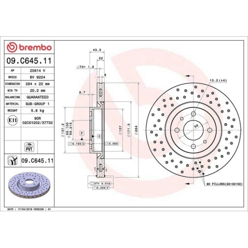 2X Brembo Bremsscheibe Vorderachse Prime Line - Uv Coated f&uuml;r Abarth