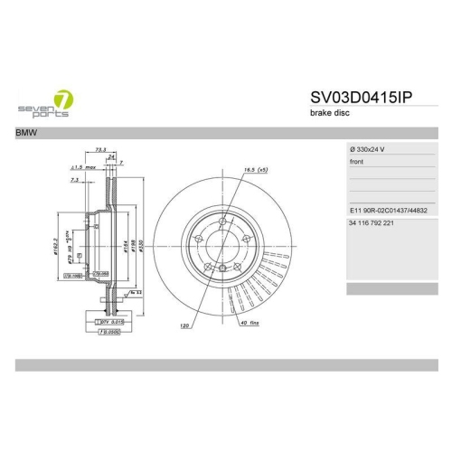 Bremsscheibe 7 Seven Parts SV03D0415IP f&uuml;r Bmw Vorderachse