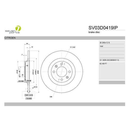 Bremsscheibe 7 Seven Parts SV03D0419IP f&uuml;r Citro&euml;n DS Peugeot Hinterachse