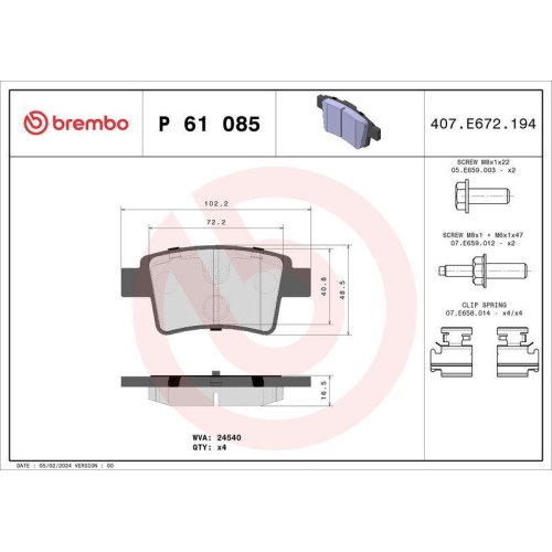 Bremsbelagsatz Scheibenbremse Brembo P61085 Prime Line f&uuml;r Citro&euml;n Hinterachse
