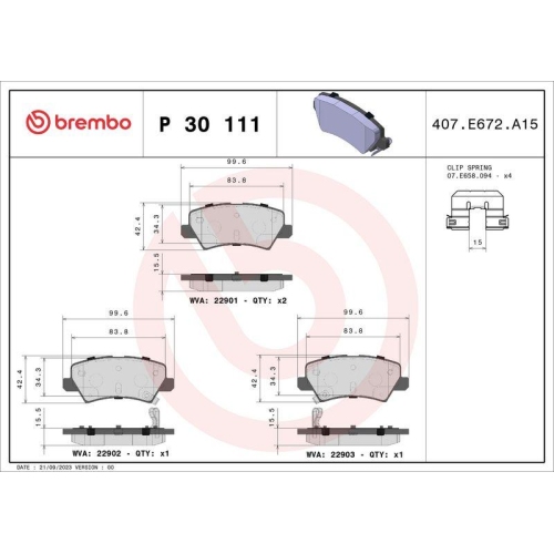 Bremsbelagsatz Scheibenbremse Brembo P30111 Prime Line f&uuml;r Kia Hinterachse