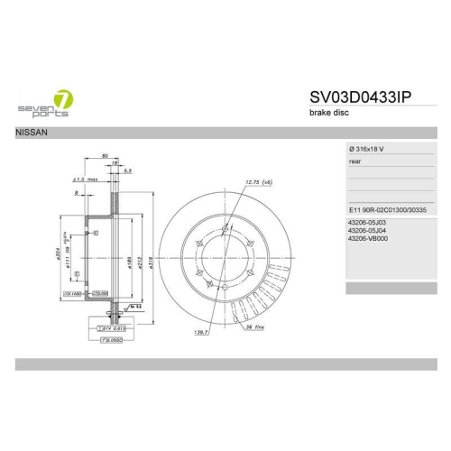 Bremsscheibe 7 Seven Parts SV03D0433IP f&uuml;r Nissan Hinterachse