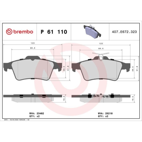 Bremsbelagsatz Scheibenbremse Brembo P61110 Prime Line f&uuml;r Peugeot Hinterachse