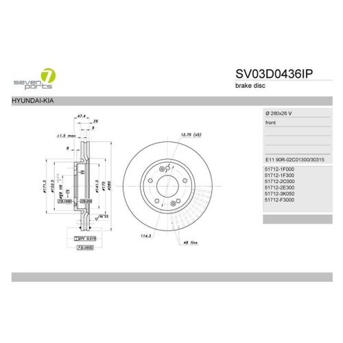 Bremsscheibe 7 Seven Parts SV03D0436IP f&uuml;r Hyundai Kia Vorderachse