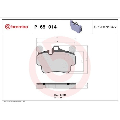 Bremsbelagsatz Scheibenbremse Brembo P65014 Prime Line f&uuml;r Porsche Hinterachse