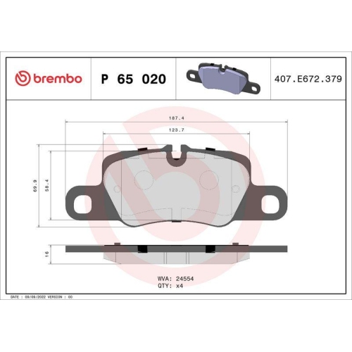 Bremsbelagsatz Scheibenbremse Brembo P65020 Prime Line f&uuml;r Porsche Hinterachse