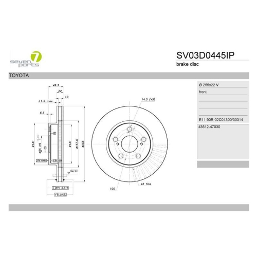 Brake Disc 7 Seven Parts SV03D0445IP for Toyota