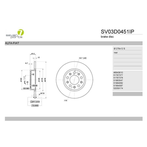 Bremsscheibe 7 Seven Parts SV03D0451IP f&uuml;r Alfa Romeo Fiat Jeep Hinterachse
