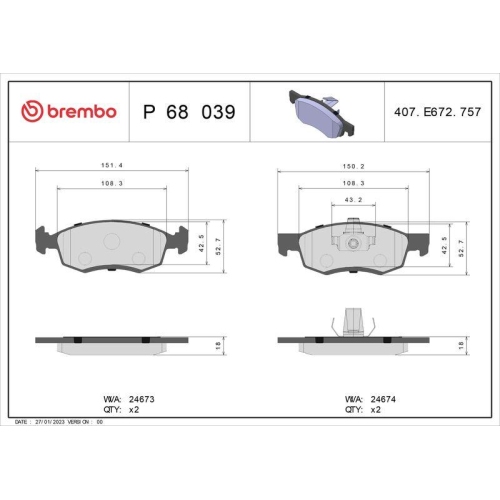 Brake Pad Set Disc Brake Brembo P68039 Prime Line for Renault Dacia Front Axle