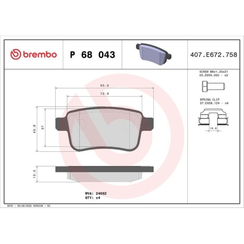 Bremsbelagsatz Scheibenbremse Brembo P68043 Prime Line f&uuml;r Renault Hinterachse