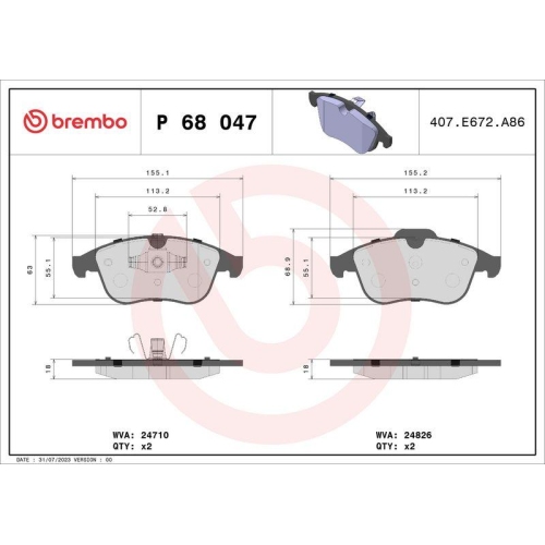 Bremsbelagsatz Scheibenbremse Brembo P68047 Prime Line f&uuml;r Renault Samsung