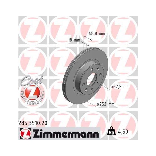 Bremsscheibe Zimmermann 285.3510.20 Coat Z f&uuml;r Hyundai Kia Vorderachse