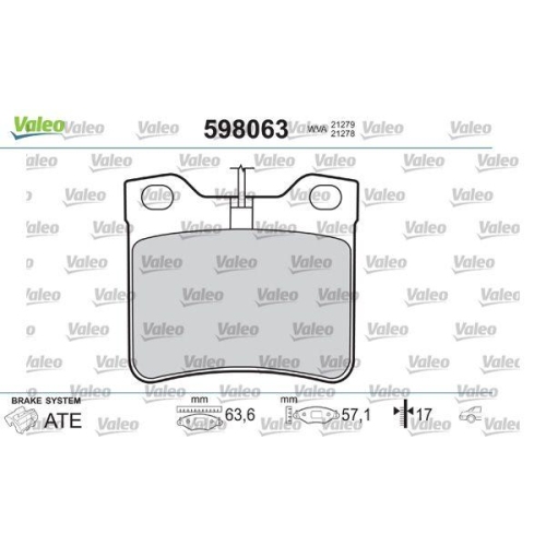 Bremsbelagsatz Scheibenbremse Valeo 598063 f&uuml;r Peugeot Hinterachse